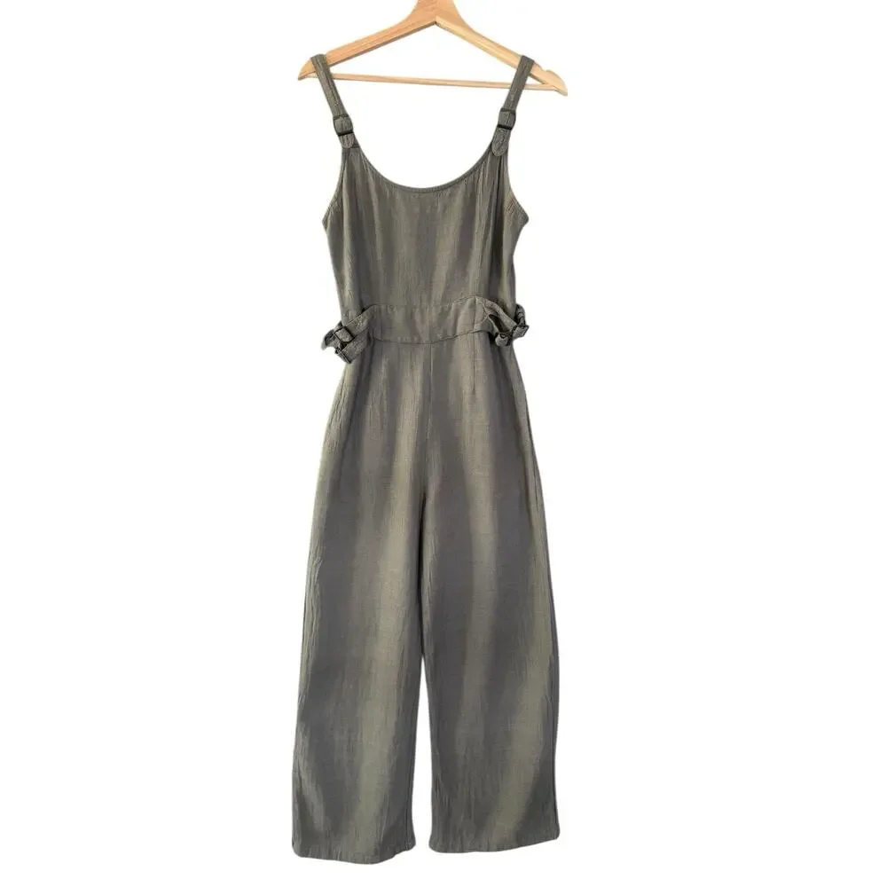 Jonny Cota Women's Chick Buckle Gray Linen Overalls Jumpsuit S Wide‎ Leg Luxury